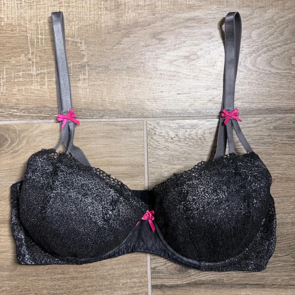 Betsey Johnson Intimates Black Silver Metallic Lace Underwire Demi Bra 36C